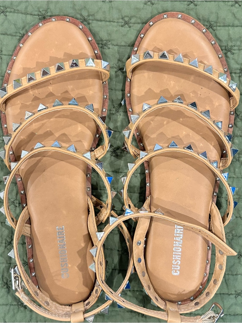 Cushionaire Studded Tan Strappy Sandals with Adjustable Ankle Strap